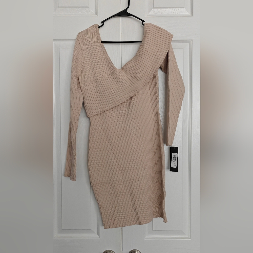 bebe Elegant Beige Off-Shoulder Knit Dress, Size XL